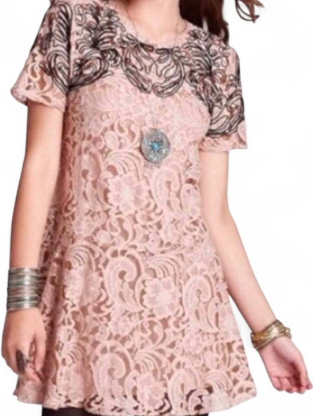 FREE PEOPLE Beautiful Dreamer Black Pink Lace Swing Dress - Small